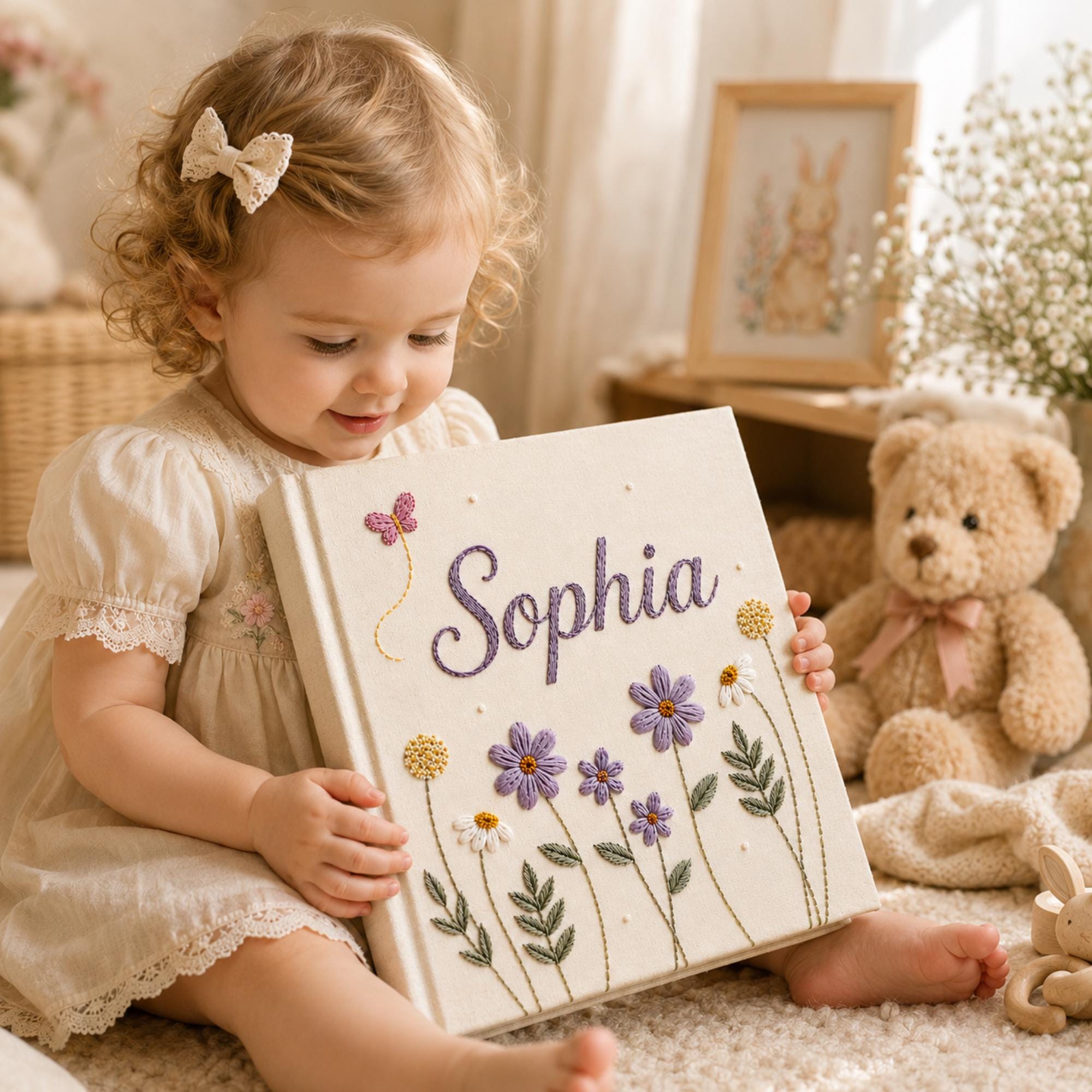 Custom Hand Embroidered Keepsake Album, Floral Butterfly Baby Scrapbook, Unique Keepsake Album, Flower Embroidered Photo Album, Newborn Gift