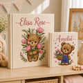Hand Embroidered Baby Photo Album with Teddy Bear, Embroidered Photo Album With Sleeves, Linen Baby Memory Book, Newborn Keepsake Album