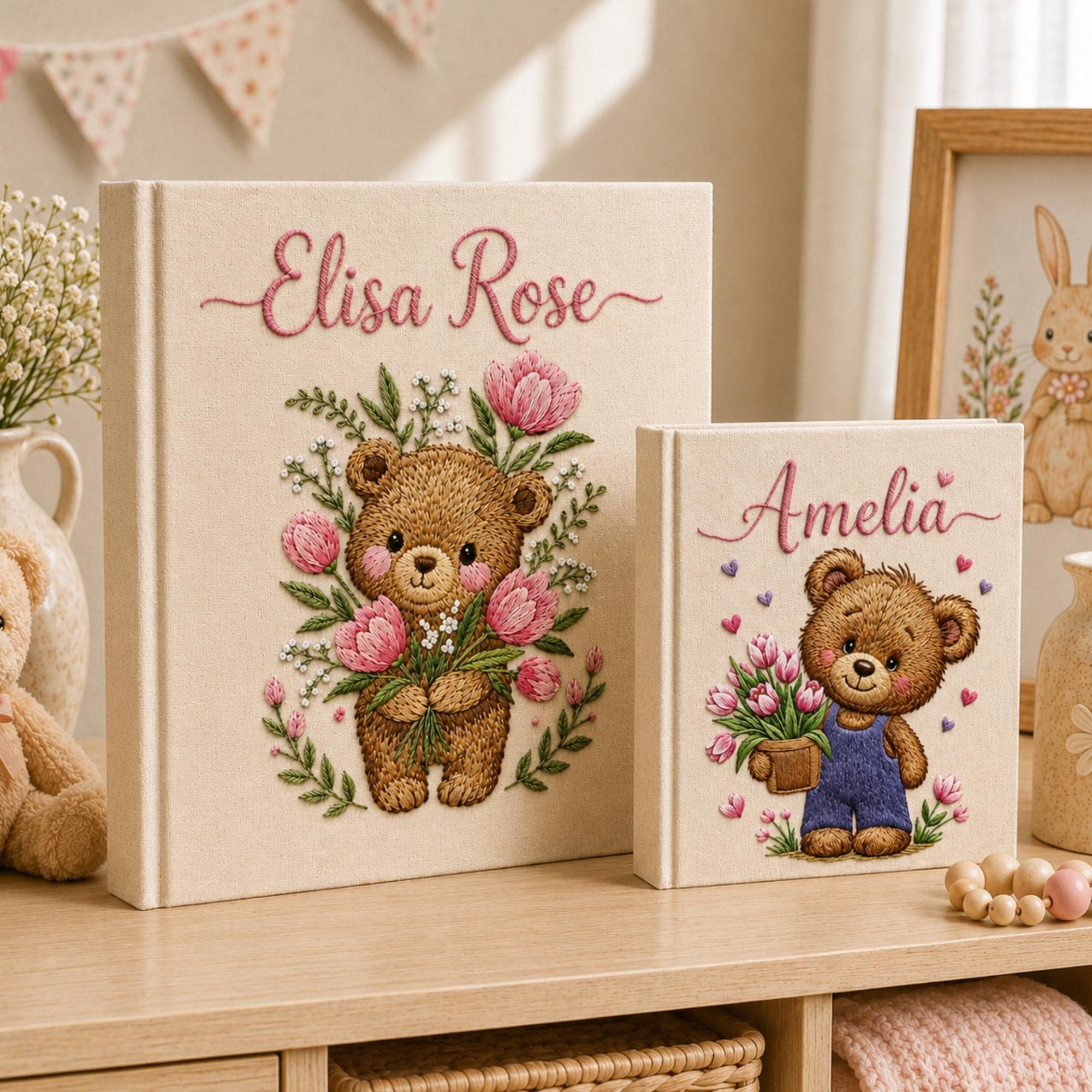 Hand Embroidered Baby Photo Album with Teddy Bear, Embroidered Photo Album With Sleeves, Linen Baby Memory Book, Newborn Keepsake Album