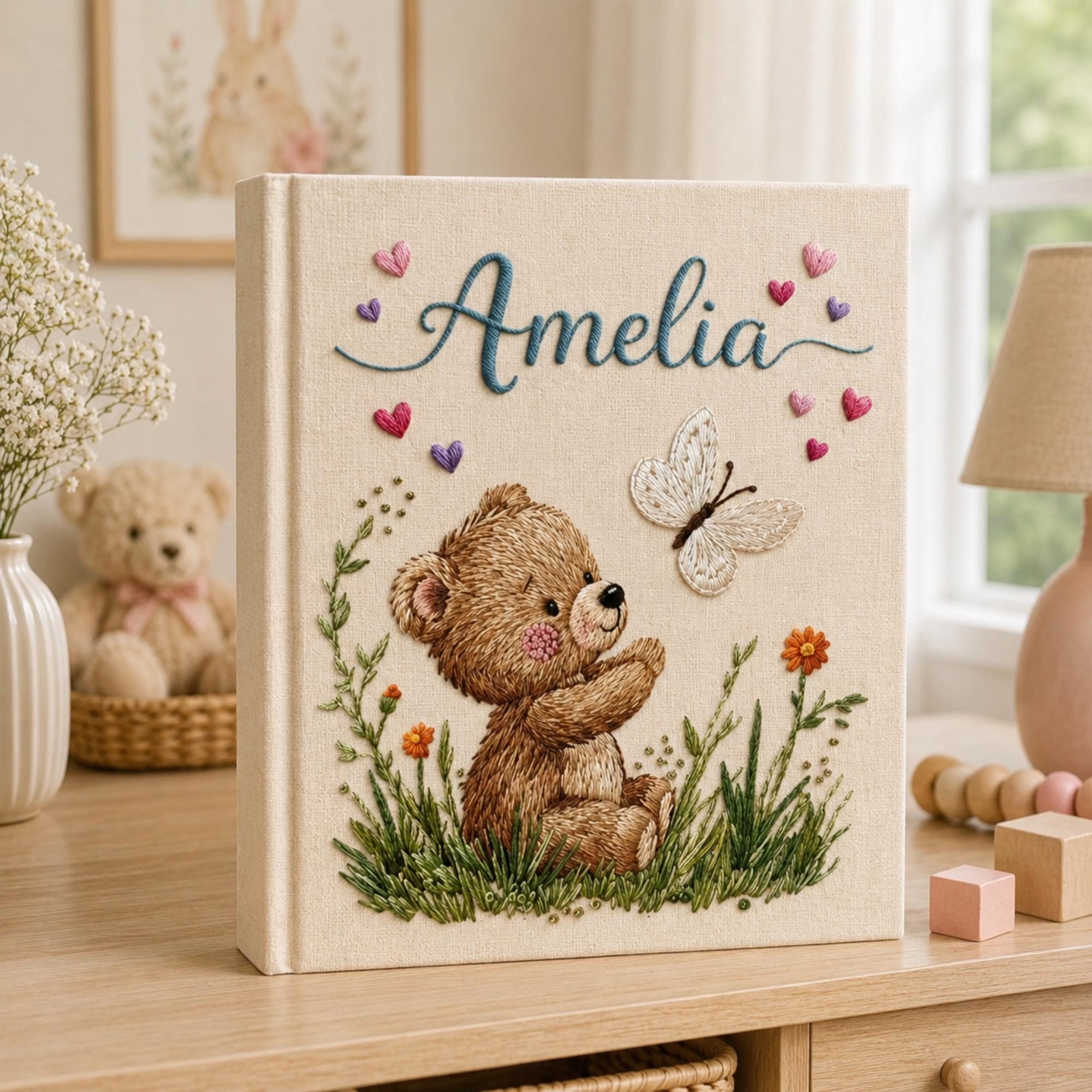 Hand Embroidered Baby Photo Album with Teddy Bear, Embroidered Photo Album With Sleeves, Linen Baby Memory Book, Newborn Keepsake Album