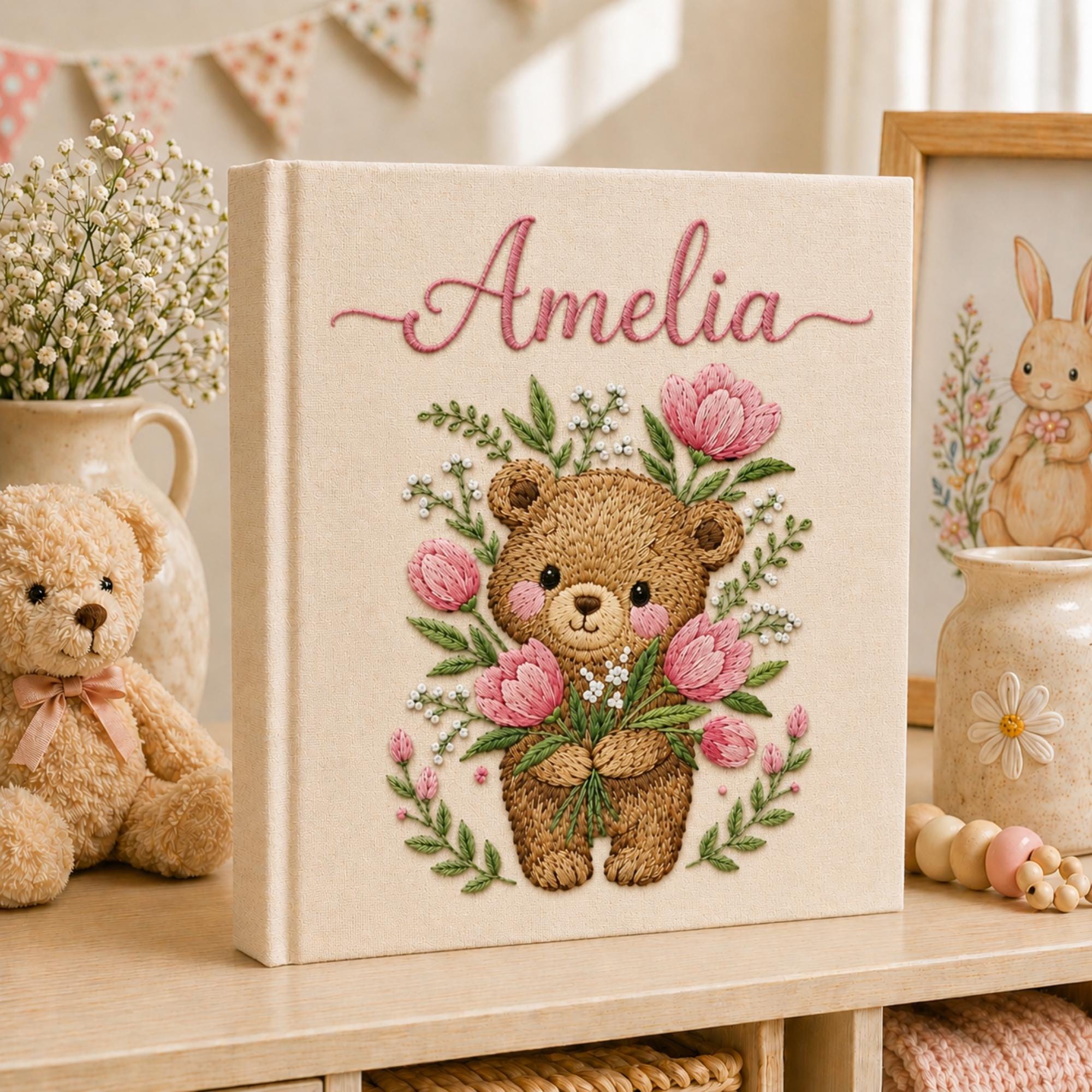 Hand Embroidered Baby Photo Album with Teddy Bear, Embroidered Photo Album With Sleeves, Linen Baby Memory Book, Newborn Keepsake Album