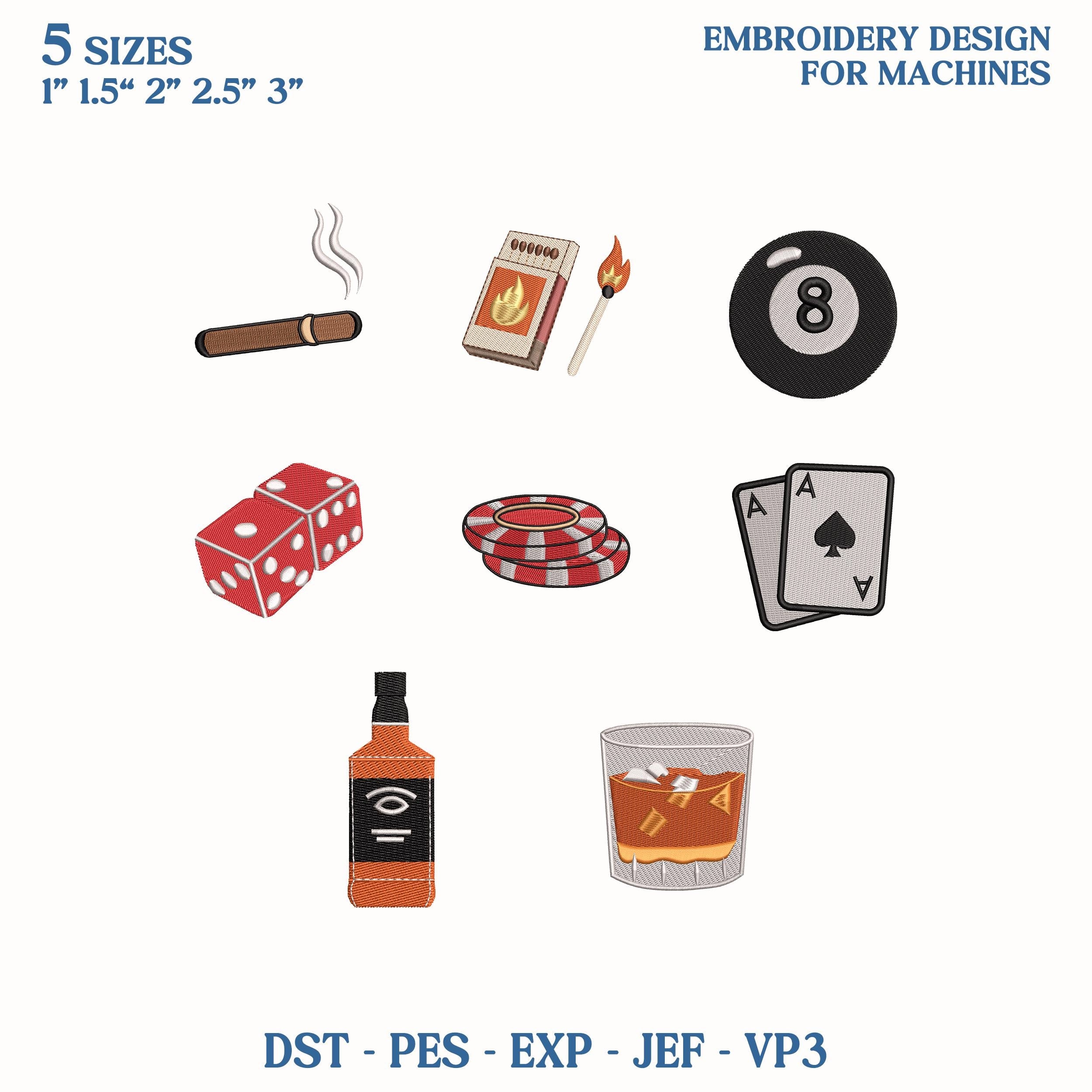 Poker Night Mini Embroidery Design Bundle, Casino Game Icons Embroidery File, Whiskey Cigar Man Cave Machine File, Instant Download