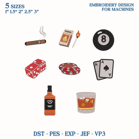 Poker Night Mini Embroidery Design Bundle, Casino Game Icons Embroidery File, Whiskey Cigar Man Cave Machine File, Instant Download