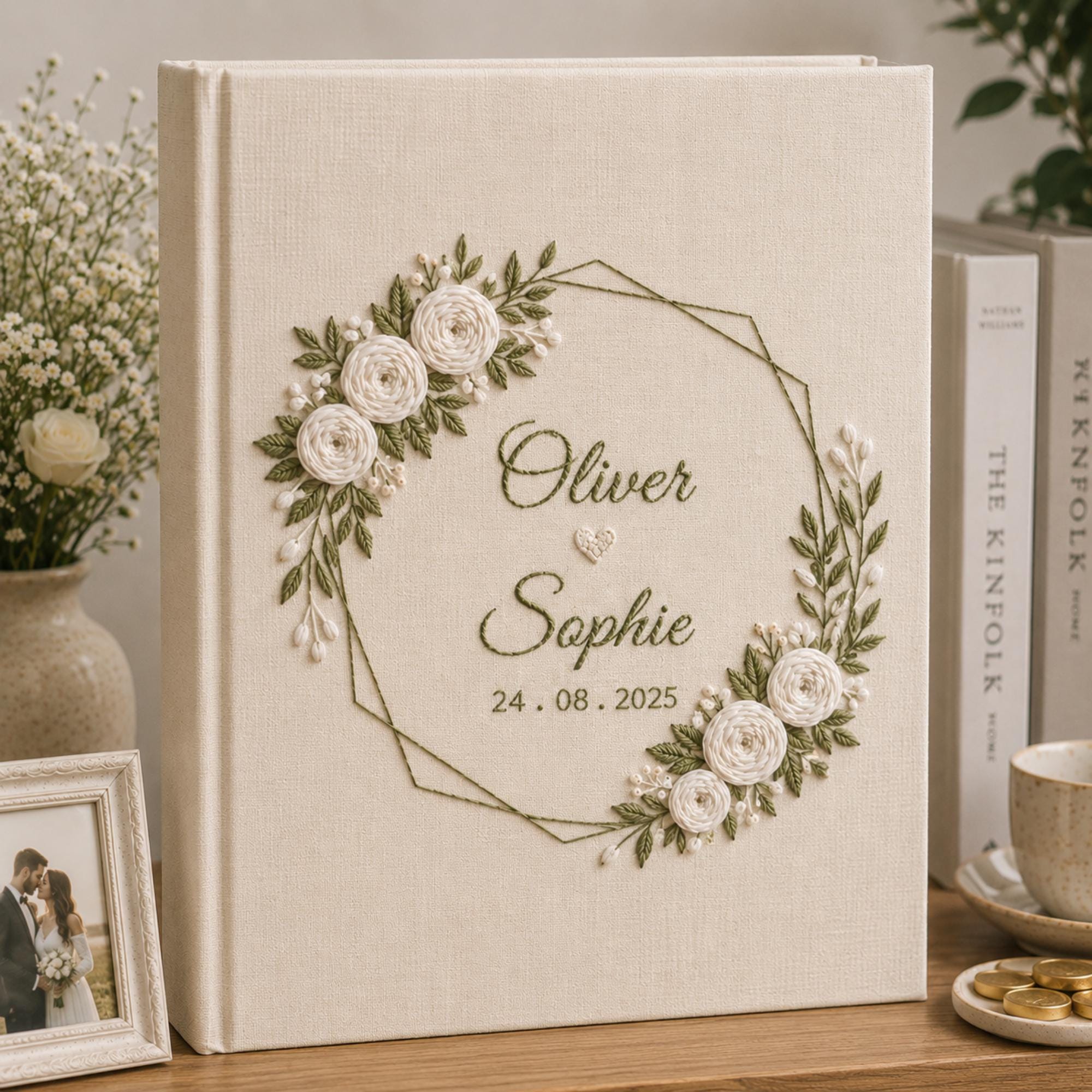 Custom Hand Embroidered Linen Photo Album, Floral Wedding Keepsake Album, Flower Wedding Photo Album, Hardbound Scrapbook,Unique Photo Album