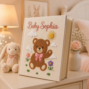 Hand Embroidered Teddy Bear Baby Photo Album, Teddy Bear Floral Woodland Design, Custom Linen Baby Memory Book, Newborn Keepsake Album