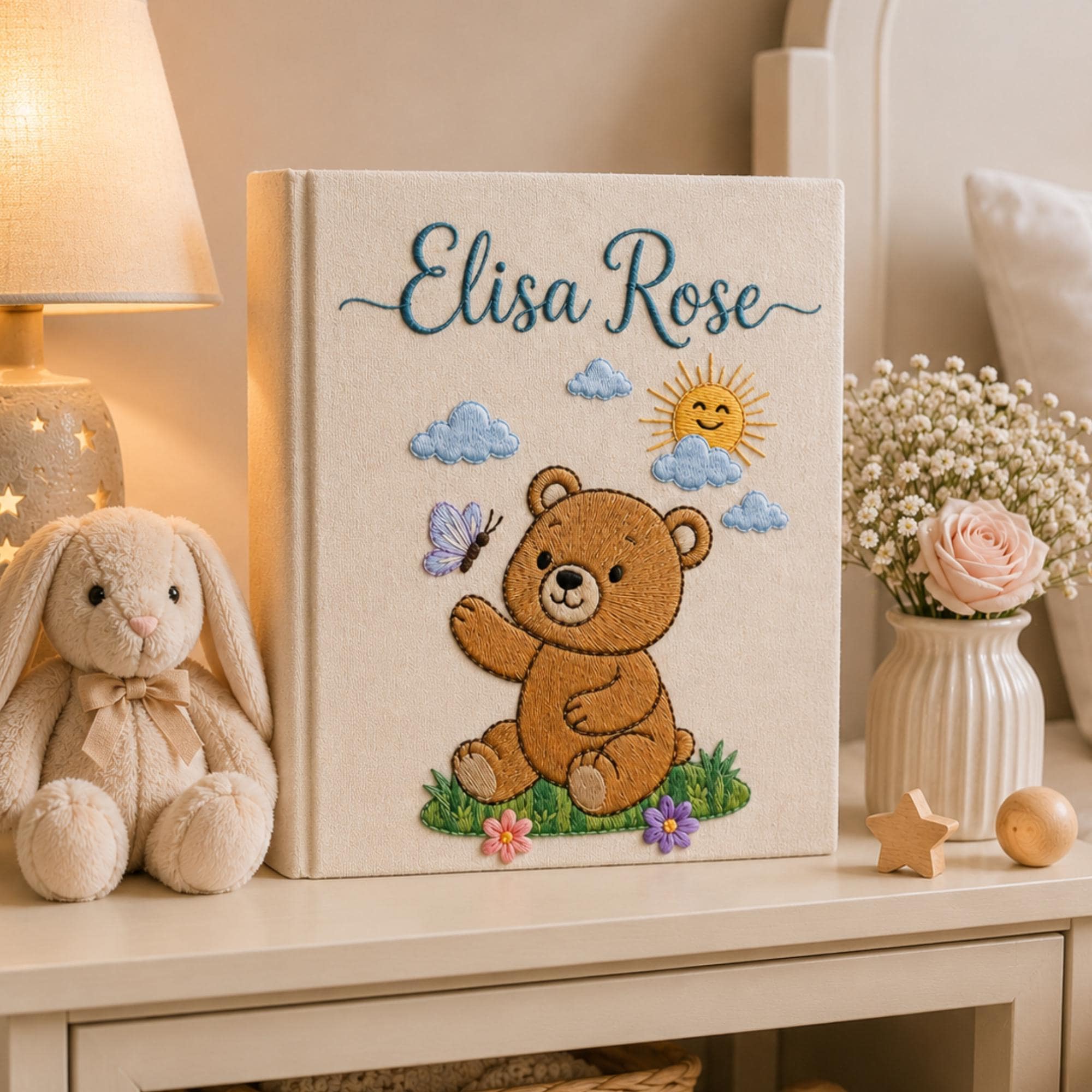 Hand Embroidered Teddy Bear Baby Photo Album, Teddy Bear Floral Woodland Design, Custom Linen Baby Memory Book, Newborn Keepsake Album