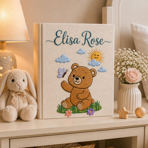 Hand Embroidered Teddy Bear Baby Photo Album, Teddy Bear Floral Woodland Design, Custom Linen Baby Memory Book, Newborn Keepsake Album