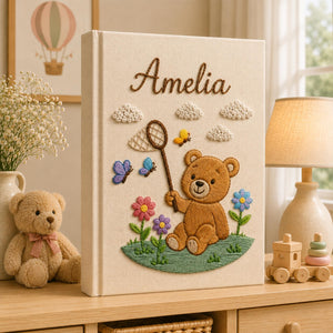 Hand Embroidered Teddy Bear Baby Photo Album, Teddy Bear Floral Woodland Design, Custom Linen Baby Memory Book, Newborn Keepsake Album