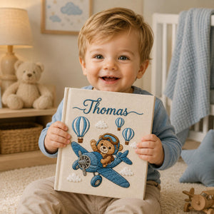 Hand Embroidered Teddy Bear Baby Photo Album, Airplane Teddy Bear Keepsake Book, Custom Name Newborn Memory Book, Nursery Gift