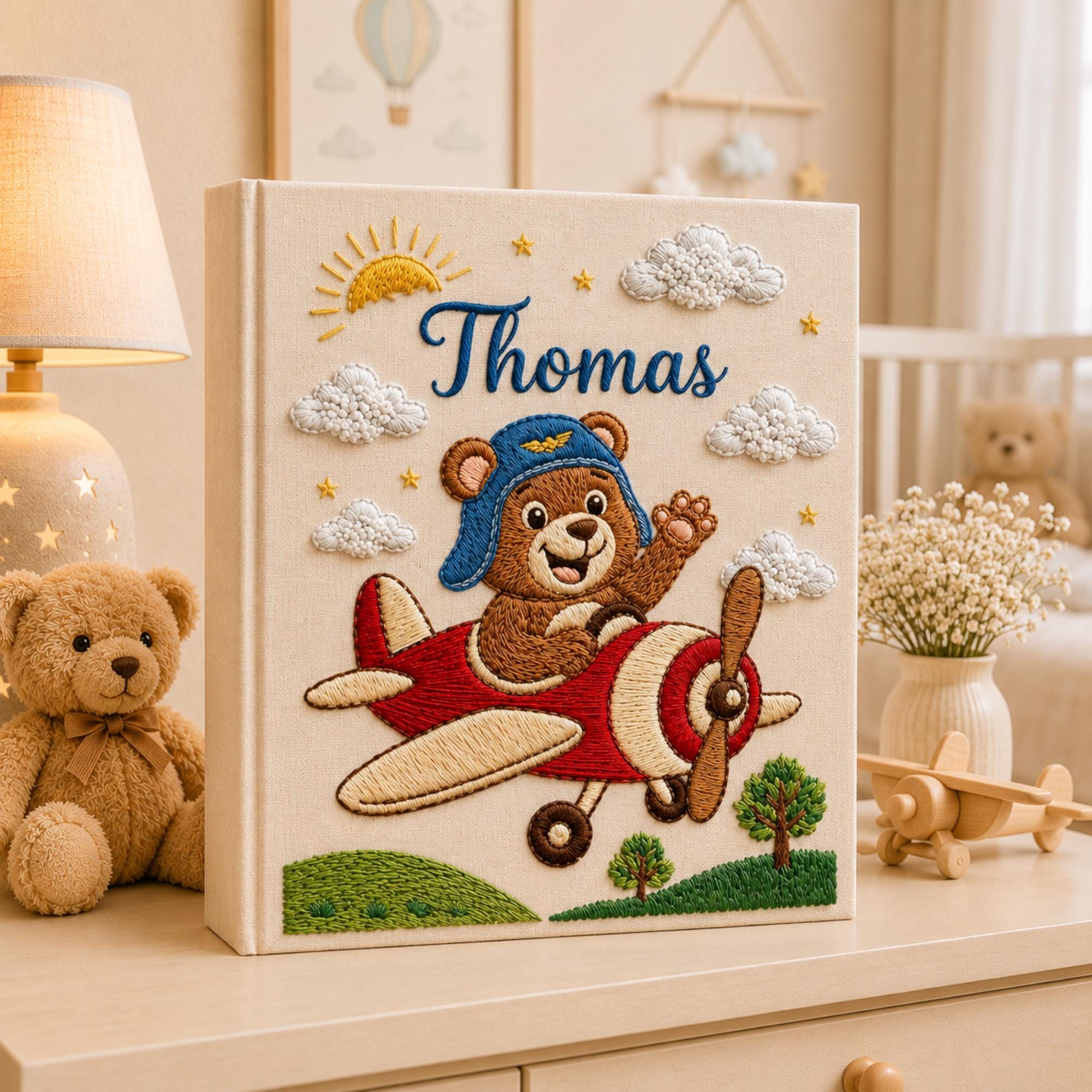 Hand Embroidered Teddy Bear Baby Photo Album, Airplane Teddy Bear Keepsake Book, Custom Name Newborn Memory Book, Nursery Gift