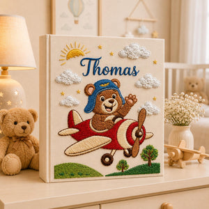 Hand Embroidered Teddy Bear Baby Photo Album, Airplane Teddy Bear Keepsake Book, Custom Name Newborn Memory Book, Nursery Gift