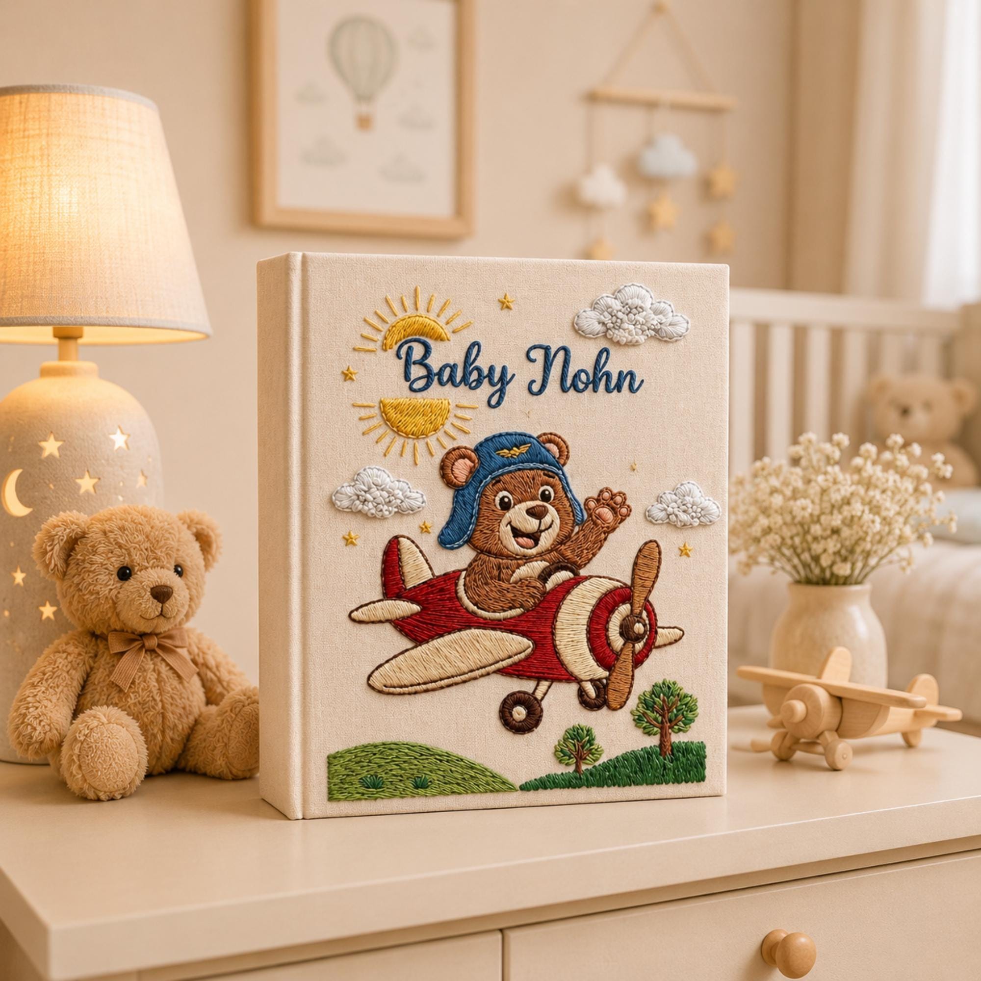 Hand Embroidered Teddy Bear Baby Photo Album, Airplane Teddy Bear Keepsake Book, Custom Name Newborn Memory Book, Nursery Gift