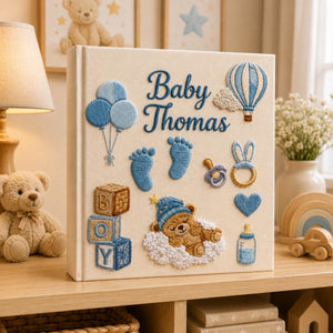 Personalized Hand Embroidered Keepsake Baby Photo Album, Embroidered Teddy Bear Memory Book, Custom Linen Baby Keepsake Album, Newborn Gift