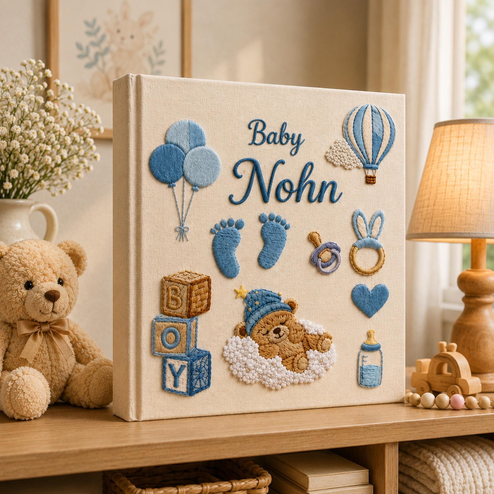 Personalized Hand Embroidered Keepsake Baby Photo Album, Embroidered Teddy Bear Memory Book, Custom Linen Baby Keepsake Album, Newborn Gift