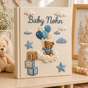 Personalized Hand Embroidered Keepsake Baby Photo Album, Embroidered Teddy Bear Memory Book, Custom Linen Baby Keepsake Album, Newborn Gift