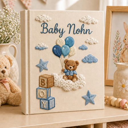 Personalized Hand Embroidered Keepsake Baby Photo Album, Embroidered Teddy Bear Memory Book, Custom Linen Baby Keepsake Album, Newborn Gift