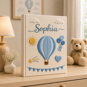 Personalized Hand Embroidered Keepsake Baby Photo Album, Embroidered Teddy Bear Memory Book, Custom Linen Baby Keepsake Album, Newborn Gift