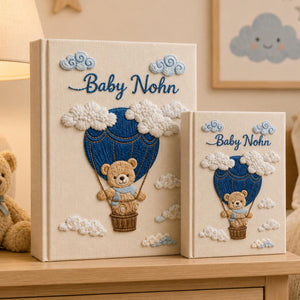 Hand Embroidered Baby Photo Album with Teddy Bear, Hot Air Balloon Memory Book, Custom Linen Baby Album Keepsake, Baby Shower Gift