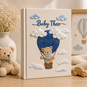 Hand Embroidered Baby Photo Album with Teddy Bear, Hot Air Balloon Memory Book, Custom Linen Baby Album Keepsake, Baby Shower Gift