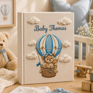 Hand Embroidered Baby Photo Album with Teddy Bear, Hot Air Balloon Memory Book, Custom Linen Baby Album Keepsake, Baby Shower Gift