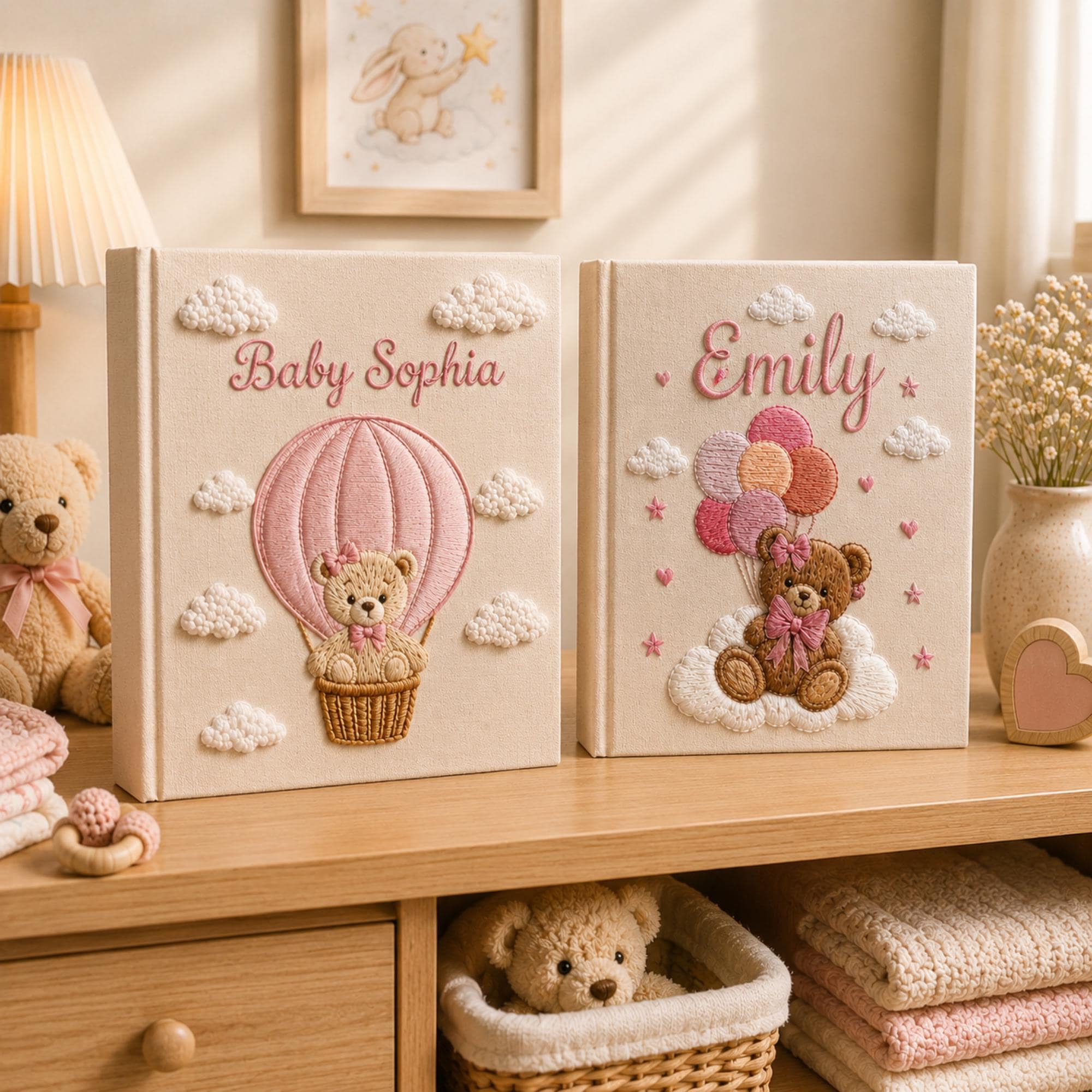 Custom Hand Embroidered Baby Photo Album, Teddy Bear Balloon Linen Memory Book, Baby Album Keepsake, Baby Shower Gift, Girl Nursery Album
