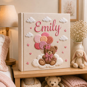 Custom Hand Embroidered Baby Photo Album, Teddy Bear Balloon Linen Memory Book, Baby Album Keepsake, Baby Shower Gift, Girl Nursery Album