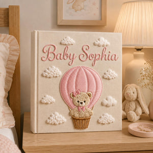 Custom Hand Embroidered Baby Photo Album, Teddy Bear Balloon Linen Memory Book, Baby Album Keepsake, Baby Shower Gift, Girl Nursery Album