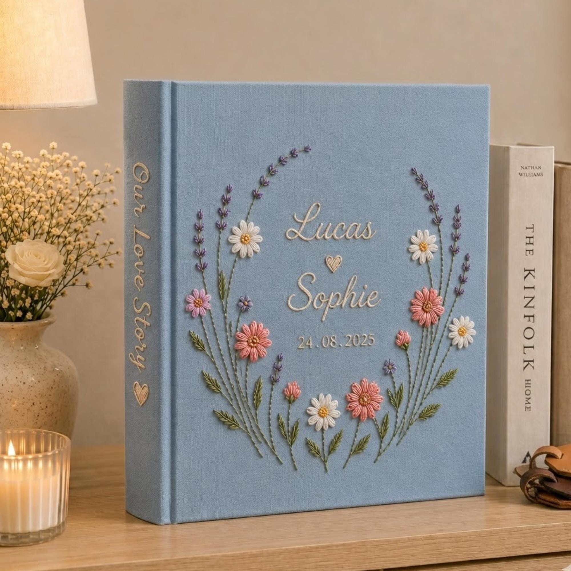 Custom Hand Embroidered Photo Album With Sleeves, Floral Wedding Keepsake Album, Linen Baby Memory Book, Anniversary Gift,Unique Photo Album