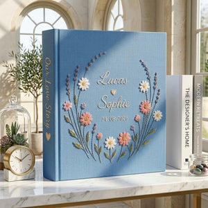 Custom Hand Embroidered Photo Album With Sleeves, Floral Wedding Keepsake Album, Linen Baby Memory Book, Anniversary Gift,Unique Photo Album