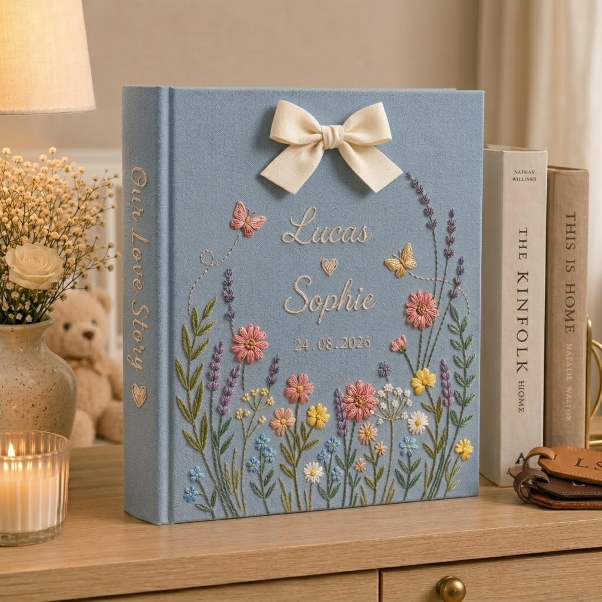 Custom Hand Embroidered Photo Album With Sleeves, Floral Wedding Keepsake Album, Linen Baby Memory Book, Anniversary Gift,Unique Photo Album