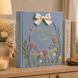 Custom Hand Embroidered Photo Album With Sleeves, Floral Wedding Keepsake Album, Linen Baby Memory Book, Anniversary Gift,Unique Photo Album