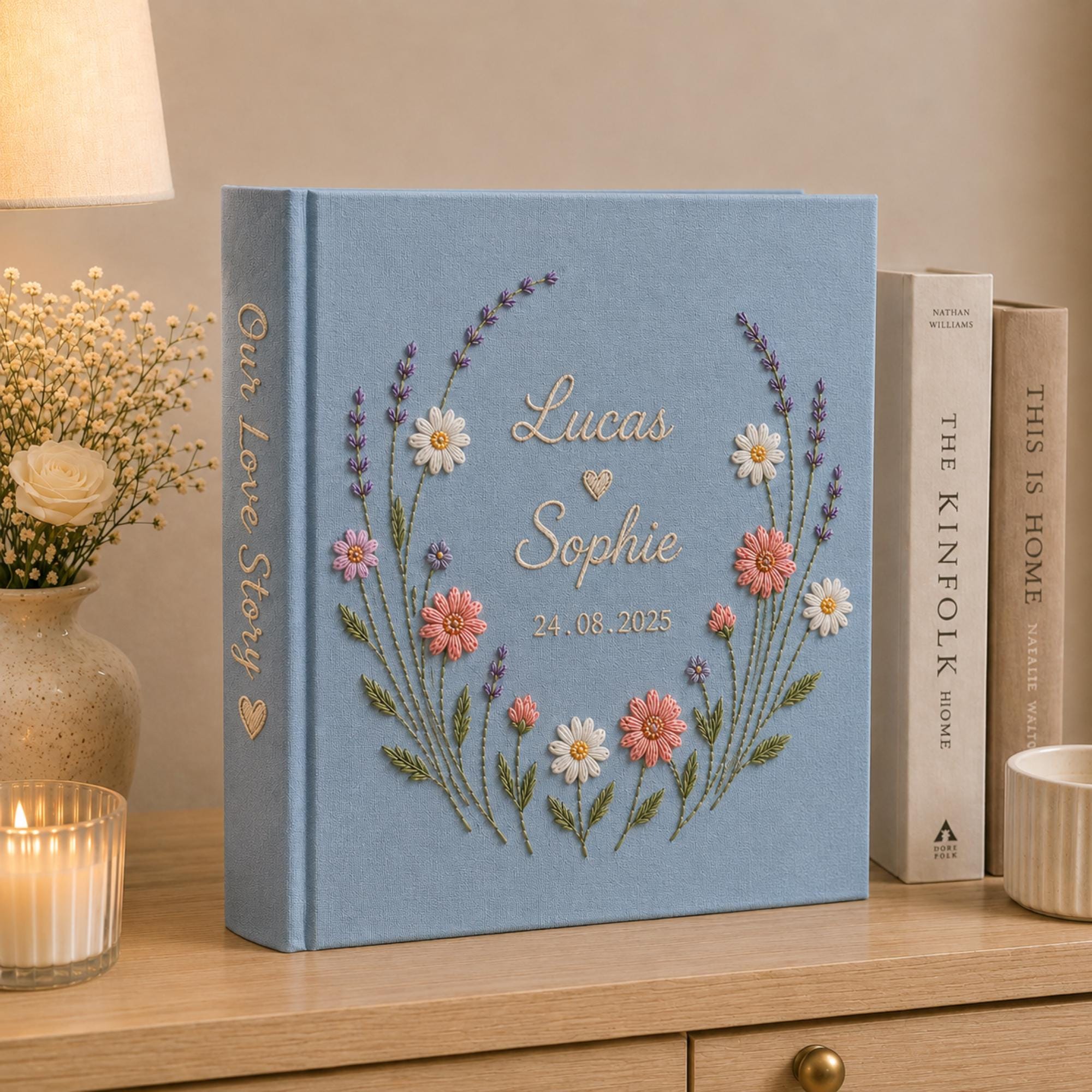 Custom Hand Embroidered Photo Album With Sleeves, Floral Wedding Keepsake Album, Linen Baby Memory Book, Anniversary Gift,Unique Photo Album