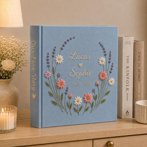 Custom Hand Embroidered Photo Album With Sleeves, Floral Wedding Keepsake Album, Linen Baby Memory Book, Anniversary Gift,Unique Photo Album