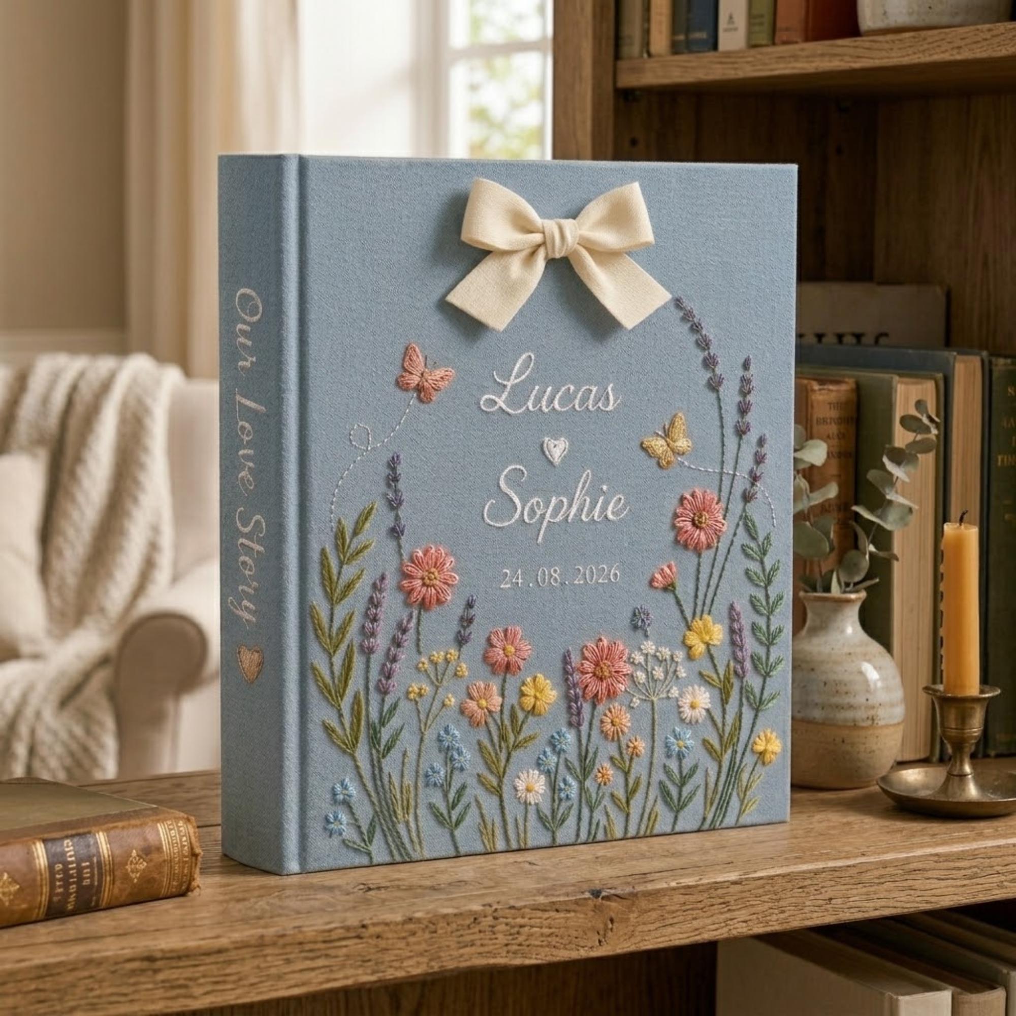 Custom Hand Embroidered Photo Album With Sleeves, Floral Wedding Keepsake Album, Linen Baby Memory Book, Anniversary Gift,Unique Photo Album