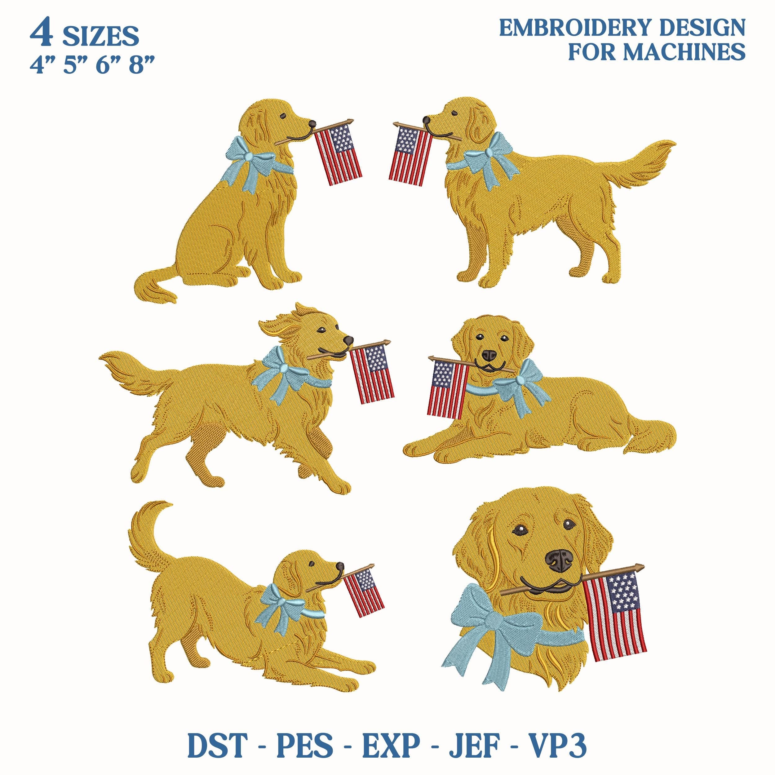 Golden Retriever Patriotic Embroidery Design Bundle, American Flag Dog Embroidery File, 4th of July Dog Machine File, Instant Download