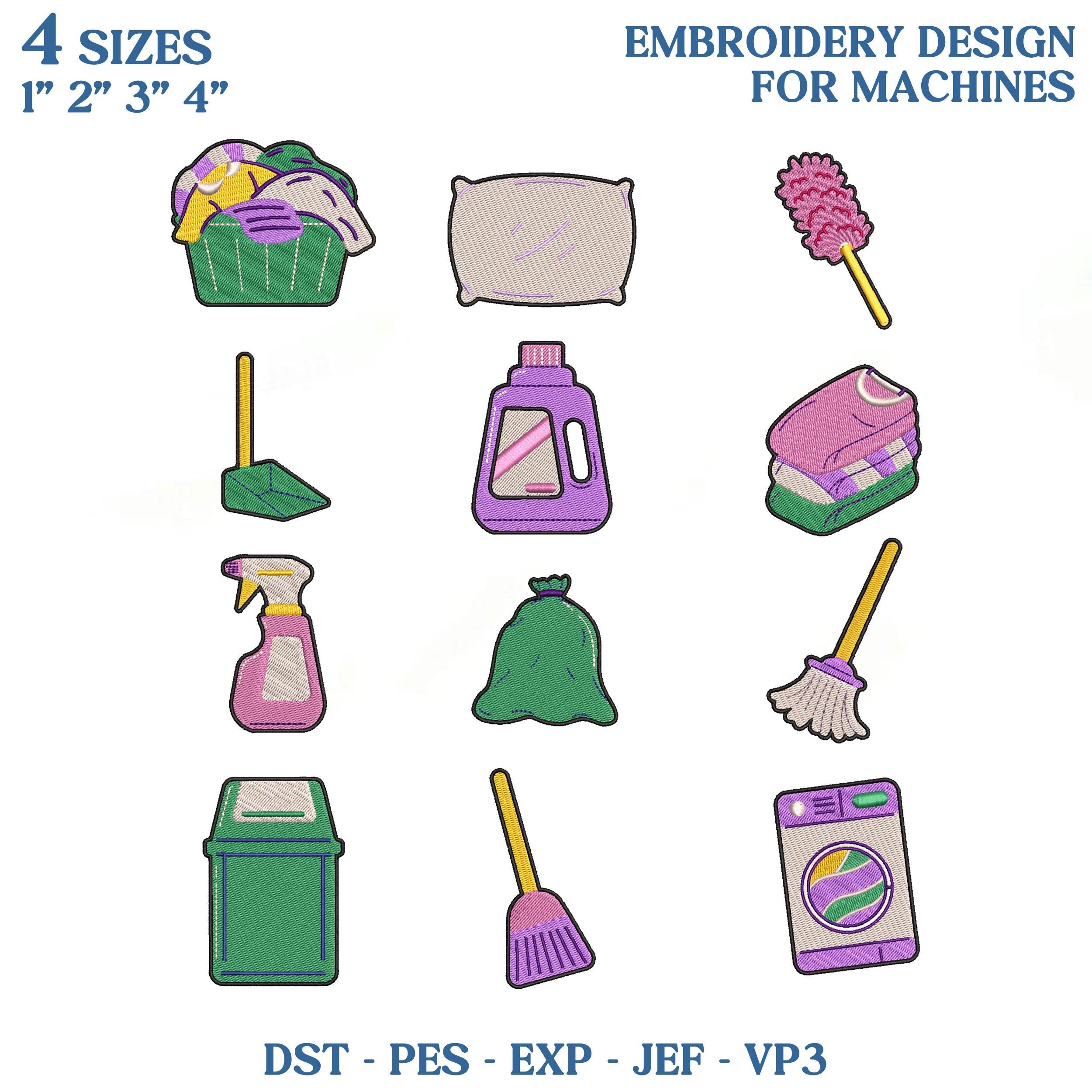 Cleaning Mini Embroidery Design Bundle, Laundry Icons Embroidery File, Mop Broom Spray Bottle Machine Embroidery, Instant Download
