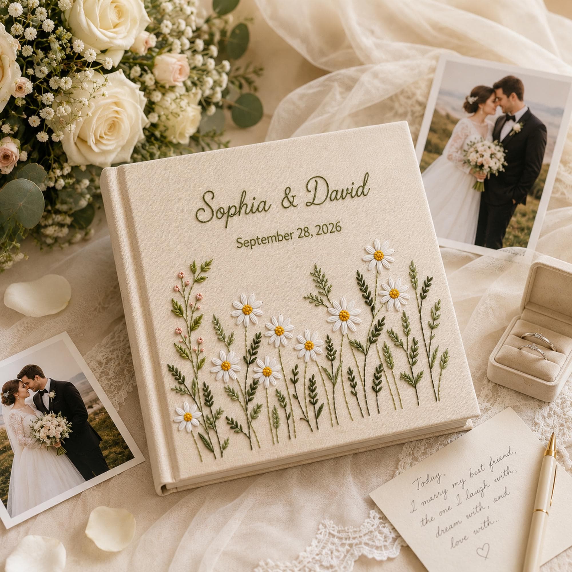 Custom Hand Embroidered Floral Wedding Photo Album, Personalized Wedding Memory Book, Linen Album Anniversary Gift, Couple Keepsake Album