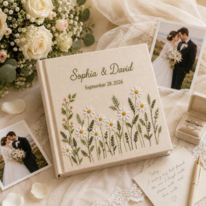 Custom Hand Embroidered Floral Wedding Photo Album, Personalized Wedding Memory Book, Linen Album Anniversary Gift, Couple Keepsake Album