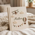 Custom Hand Embroidered Baby Photo Album, Airplane Hot Air Balloon Design, Personalized Baby Memory Book, Handmade Linen Keepsake Gift