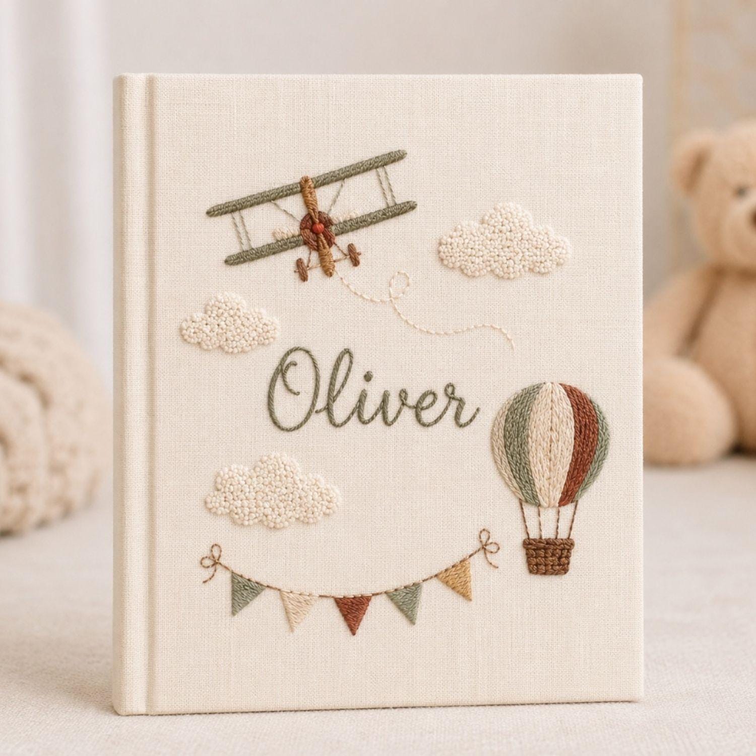 Custom Hand Embroidered Baby Photo Album, Airplane Hot Air Balloon Design, Personalized Baby Memory Book, Handmade Linen Keepsake Gift