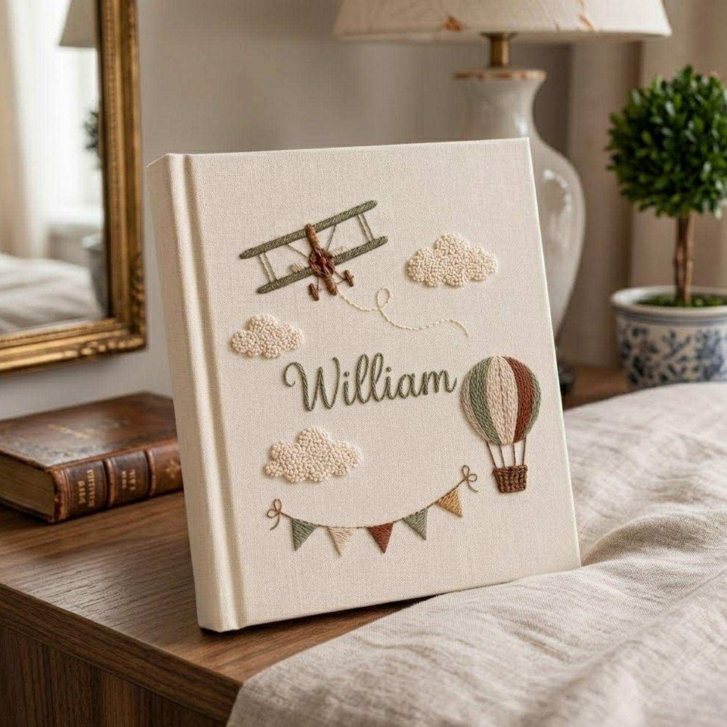 Custom Hand Embroidered Baby Photo Album, Airplane Hot Air Balloon Design, Personalized Baby Memory Book, Handmade Linen Keepsake Gift