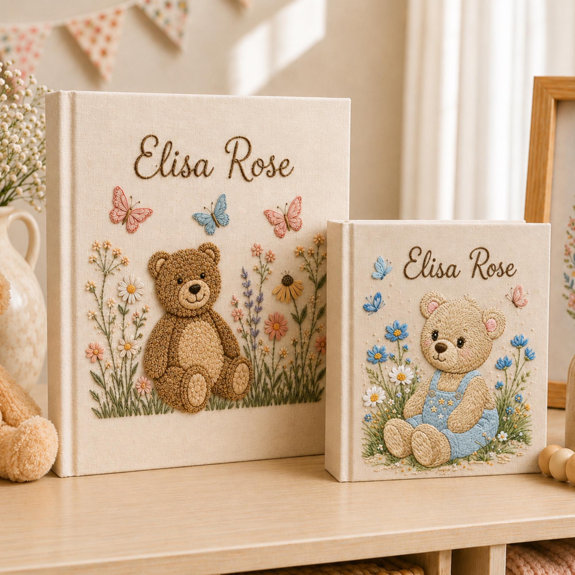 Custom Hand Embroidered Baby Photo Album, Teddy Bear Floral Linen Memory Book, Baby Album Keepsake, Baby Shower Gift, Girl Nursery Album