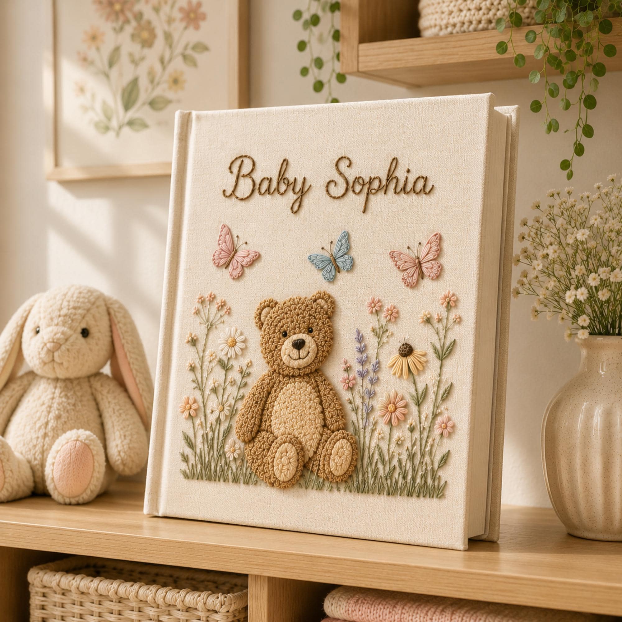Custom Hand Embroidered Baby Photo Album, Teddy Bear Floral Linen Memory Book, Baby Album Keepsake, Baby Shower Gift, Girl Nursery Album