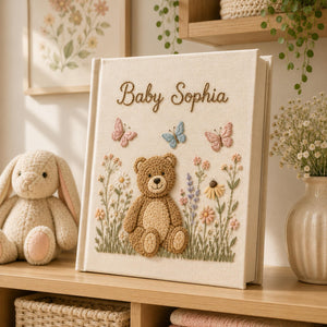 Custom Hand Embroidered Baby Photo Album, Teddy Bear Floral Linen Memory Book, Baby Album Keepsake, Baby Shower Gift, Girl Nursery Album