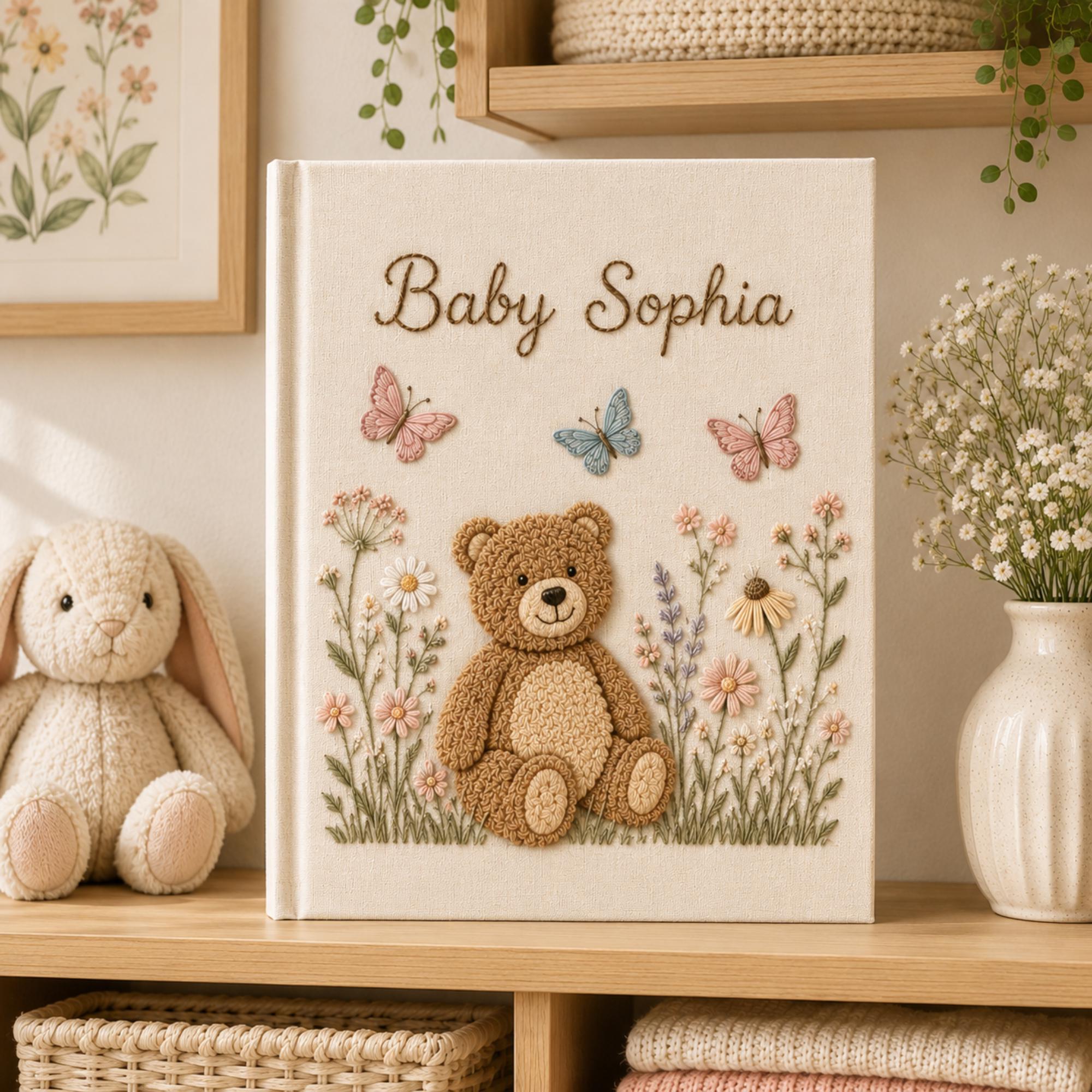 Custom Hand Embroidered Baby Photo Album, Teddy Bear Floral Linen Memory Book, Baby Album Keepsake, Baby Shower Gift, Girl Nursery Album