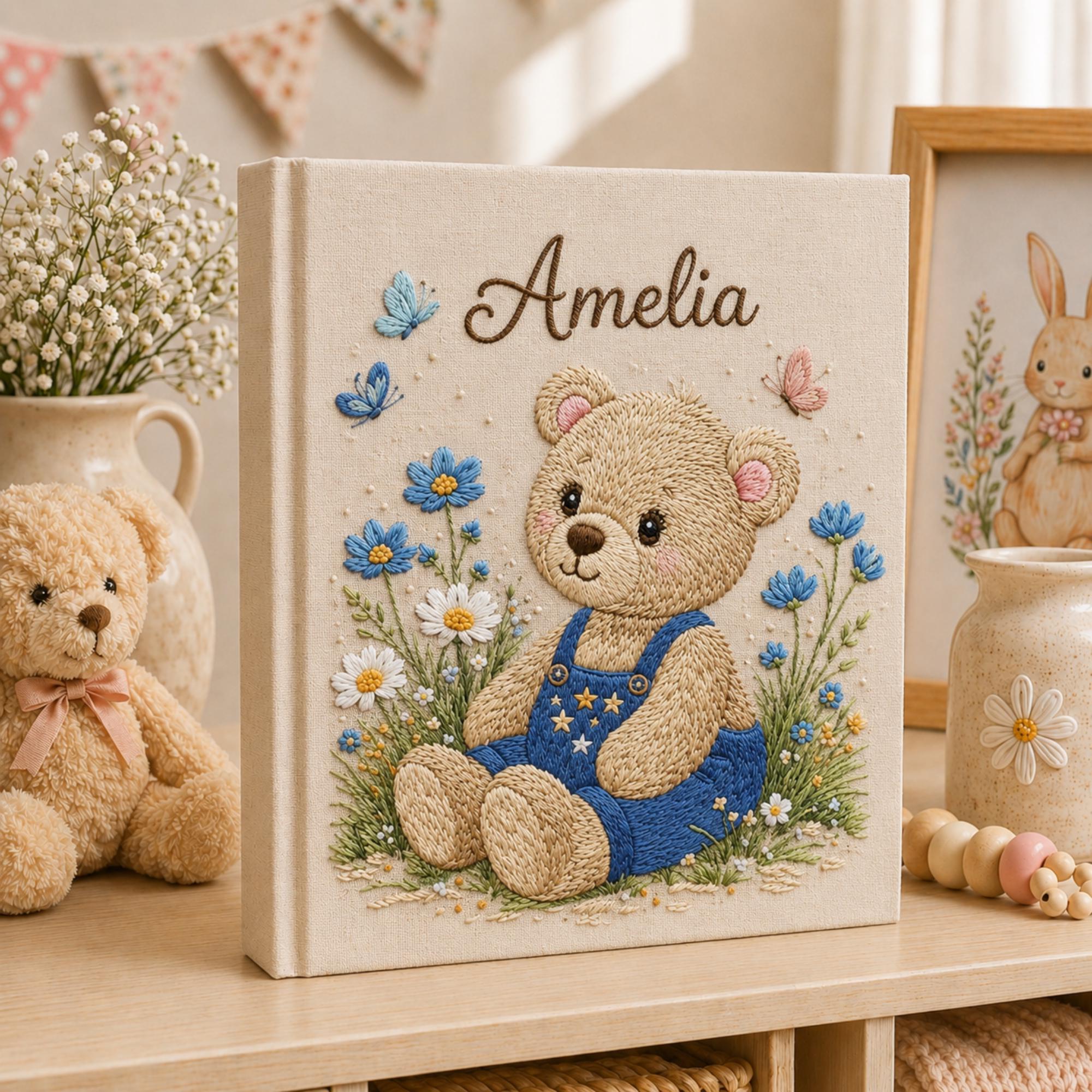 Custom Hand Embroidered Baby Photo Album, Teddy Bear Floral Linen Memory Book, Baby Album Keepsake, Baby Shower Gift, Girl Nursery Album