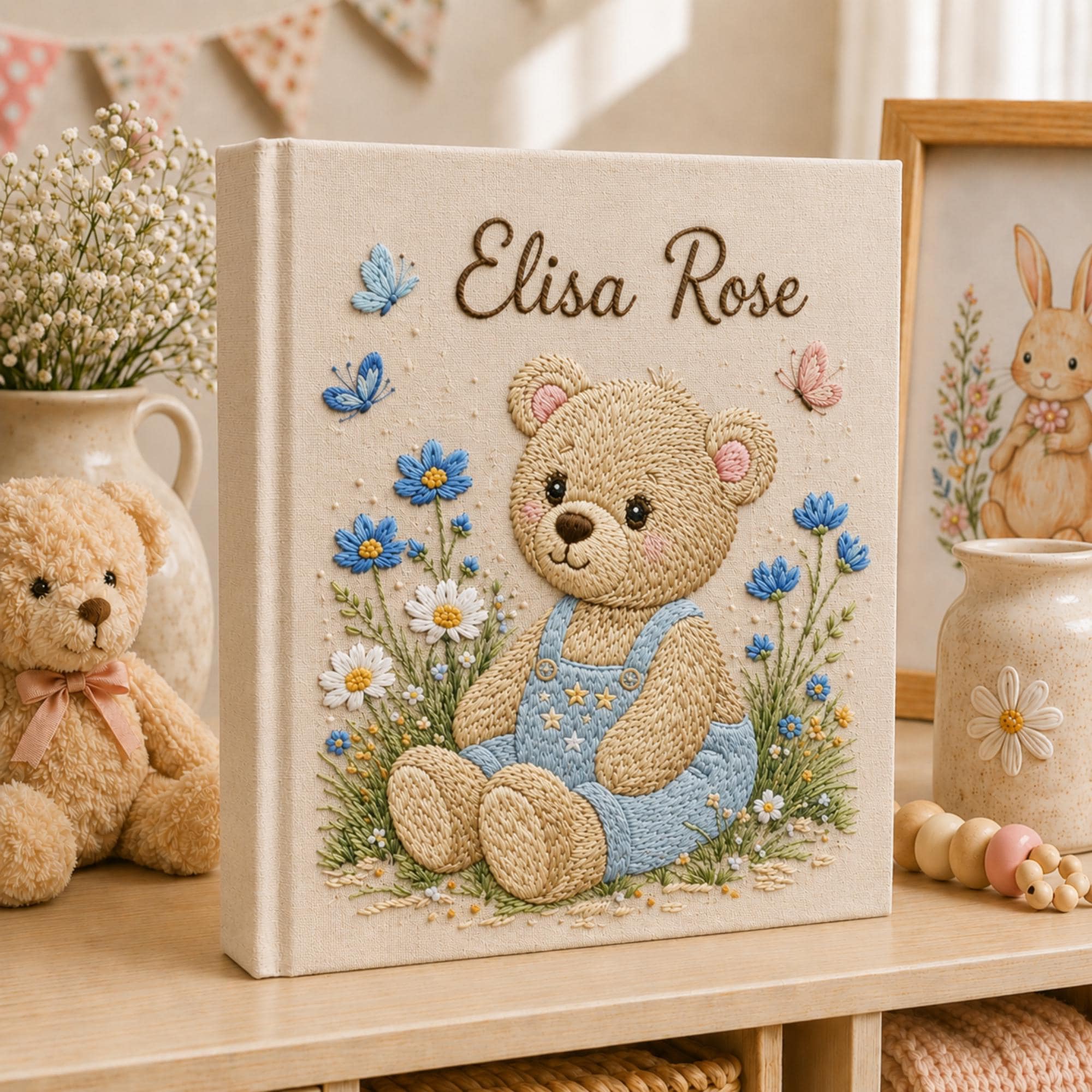 Custom Hand Embroidered Baby Photo Album, Teddy Bear Floral Linen Memory Book, Baby Album Keepsake, Baby Shower Gift, Girl Nursery Album