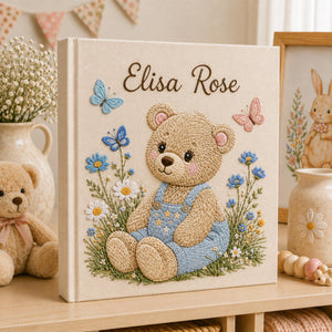 Custom Hand Embroidered Baby Photo Album, Teddy Bear Floral Linen Memory Book, Baby Album Keepsake, Baby Shower Gift, Girl Nursery Album