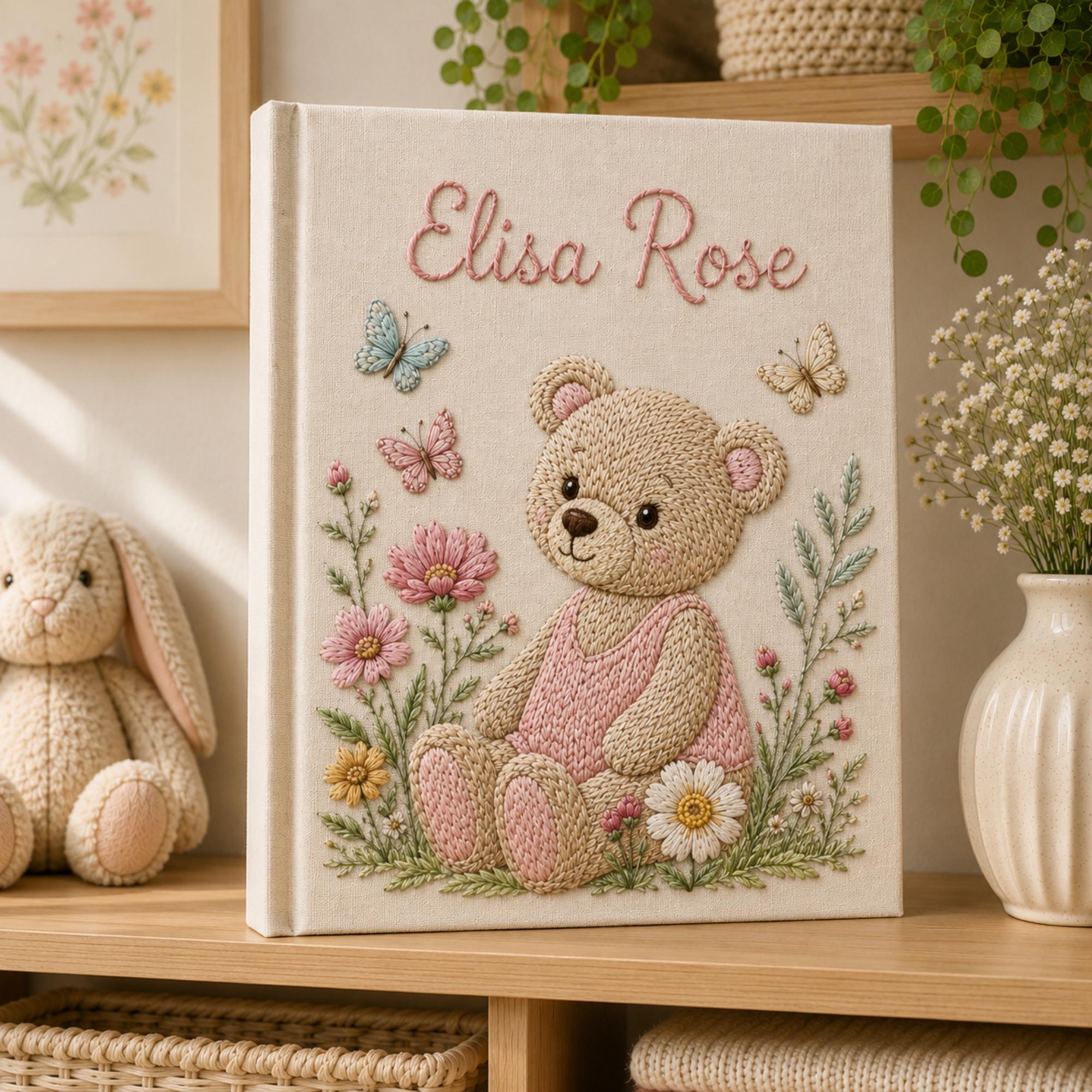 Custom Hand Embroidered Baby Photo Album, Teddy Bear Floral Linen Memory Book, Baby Album Keepsake, Baby Shower Gift, Girl Nursery Album