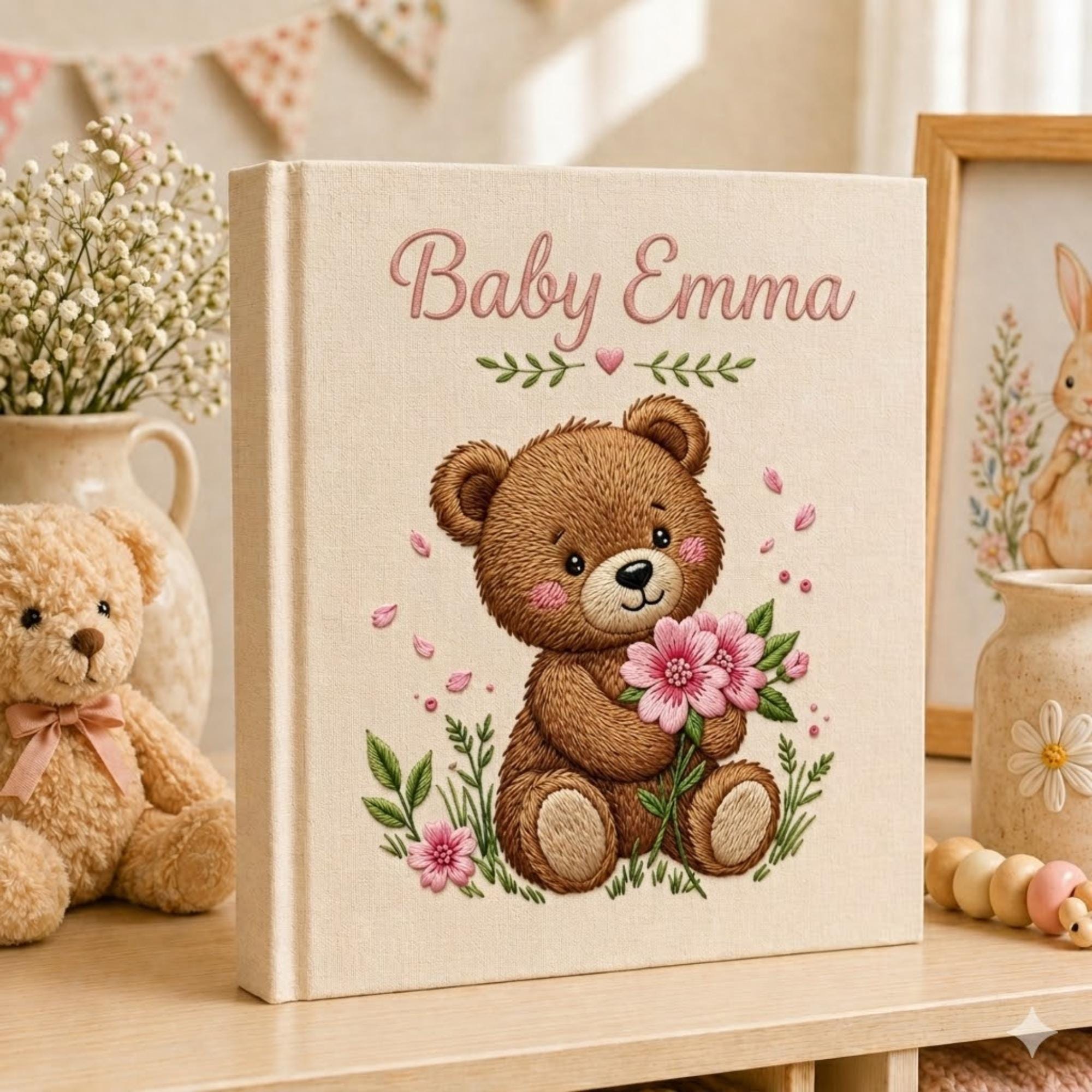 Hand Embroidered Baby Photo Album with Teddy Bear, Teddy Bear Linen Memory Book, Baby Shower Gift, Newborn Keepsake Album